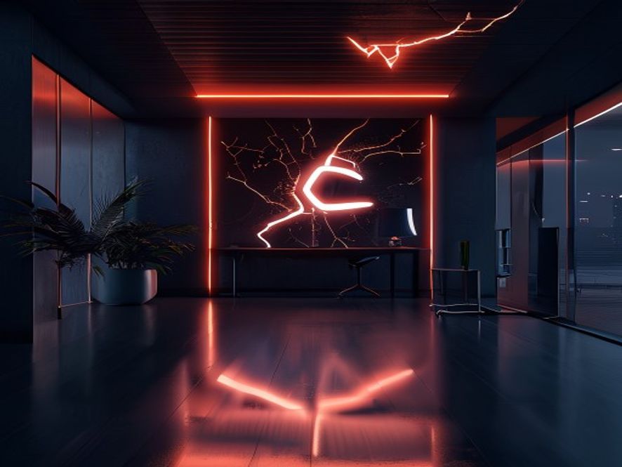 A cinematic and photorealistic 8k image featuring a sleek, modern corporate office interior where a glowing neon brand logo is visibly cracking and fading away, symbolizing the erosion of brand value due to the loss of social sensitivity and historical awareness, dark and moody atmospheric lighting, high contrast, professional photography style.