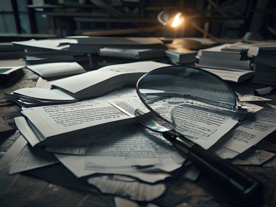 A cinematic, photorealistic 8k image of a massive pile of thick, cluttered construction project documents on a dark desk, with a magnifying glass hovering over two highlighted lines of text that reveal a structural rebar defect, symbolizing hidden truths and systemic negligence in a major infrastructure project, dramatic moody lighting, professional architectural style.