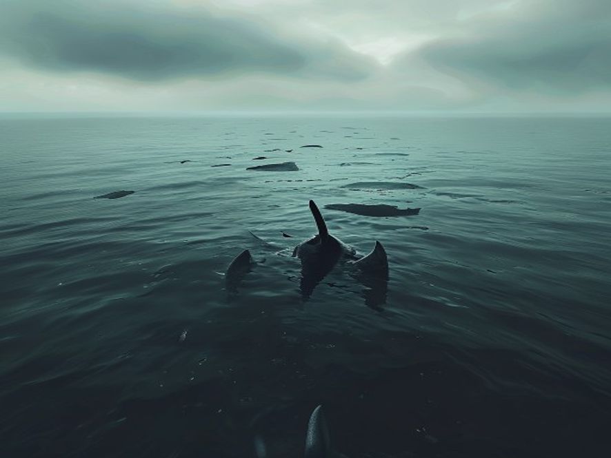A cinematic, photorealistic 8k image of a vast, gloomy ocean surface with abandoned shark fins floating, capturing a somber and haunting atmosphere that reflects the brutal reality of overfishing and the collapse of the marine ecosystem.