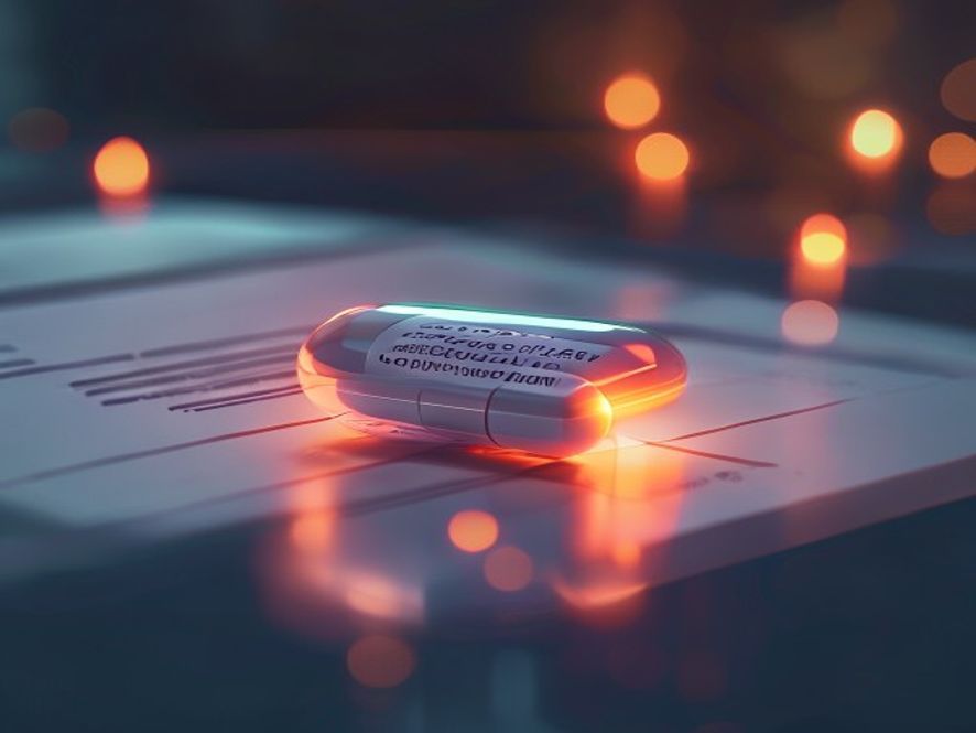 A cinematic and photorealistic 8k image of a glowing, futuristic medical pill resting on a sleek, modern document representing a rapid health insurance policy agreement, symbolizing lifesaving speed and patientcentered healthcare innovation, professional lighting, shallow depth of field.