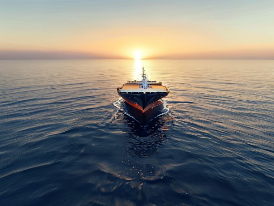 A cinematic, photorealistic 8k image of a massive South Korean oil tanker gracefully navigating the calm, blue waters of the Strait of Hormuz at sunrise, symbolizing geopolitical stability and global energy security, with soft golden light reflecting on the waves and the vast, peaceful horizon.