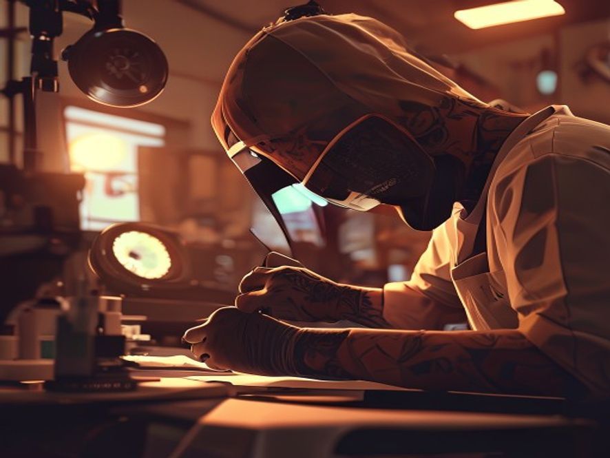 A cinematic, photorealistic 8k closeup shot capturing a professional tattoo artist carefully working in a modern, hygienic studio setting, symbolizing the transition of tattoo art from taboo to a regulated and legalized professional craft, bathed in warm, soft artistic lighting.