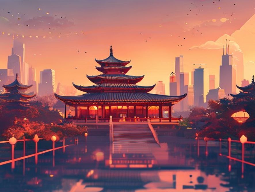 A cinematic, photorealistic 8k image featuring a traditional peaceful Buddhist temple set against the vibrant backdrop of a modern city skyline during a festival, symbolizing the harmony between community spirit and sustainable tourism, with warm atmospheric lighting.