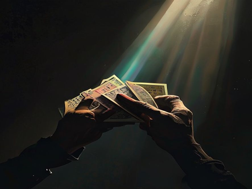 A cinematic, photorealistic 8k photo of wornout, desperate hands holding a stack of colorful gift certificates in a dark, shadowy room, as a sharp, dramatic beam of bright light cuts through the darkness, symbolizing the governments strict crackdown on illegal private lending.