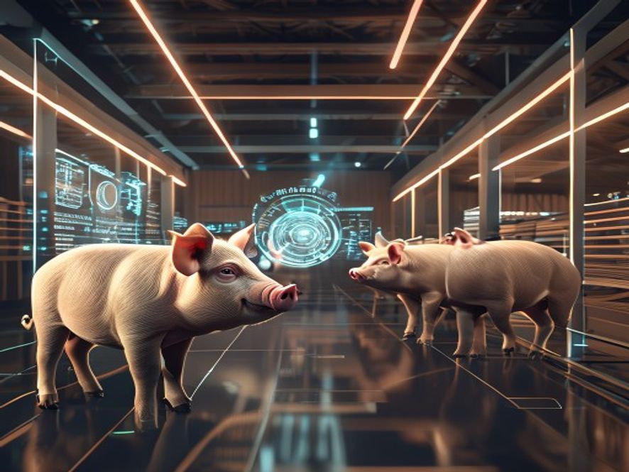 A cinematic, photorealistic 8k image of a modern smart pig farm where advanced holographic AI data analytics interface overlays onto healthy pigs in a clean, hightech barn environment, symbolizing the digital transformation of agriculture, warm professional lighting, highly detailed.
