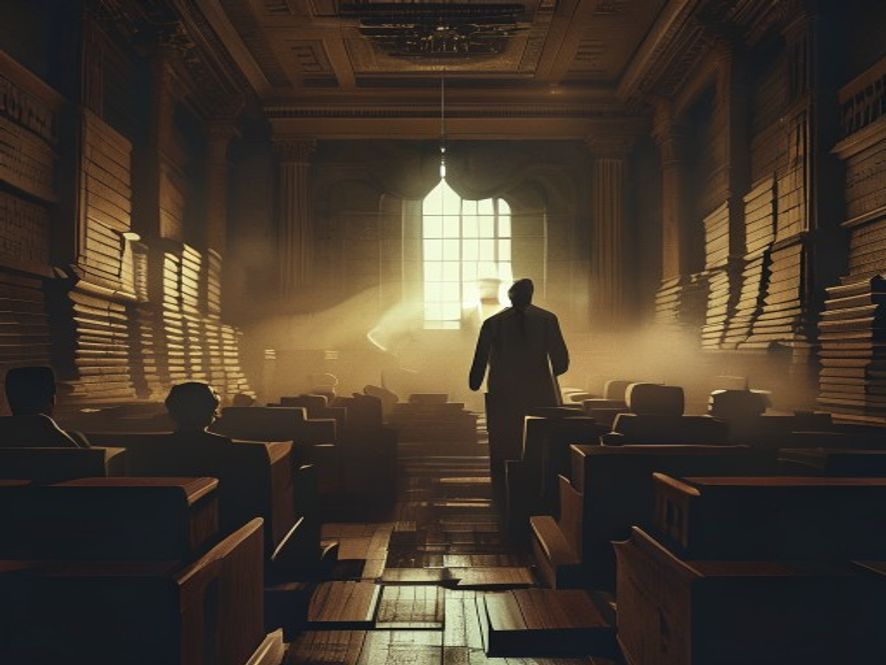 A cinematic and photorealistic 8k image showing a dimly lit, somber National Assembly hall with stacks of dusty legal documents in the foreground, symbolizing political gridlock and stagnation in the medical field, with a silhouette of a medical professional looking concerned in the background, creating a tense and heavy atmosphere.