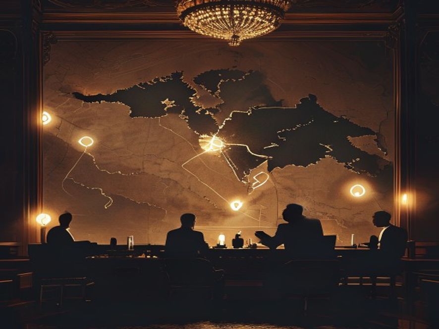 A cinematic, photorealistic 8k image featuring a shadowy, imposing map of the Middle East overlaid with glowing nuclear symbols, with the subtle, silhouettes of Putin and Xi Jinping engaged in a serious geopolitical discussion in a dimly lit, highstakes diplomatic chamber, emphasizing global tension and strategic power plays.