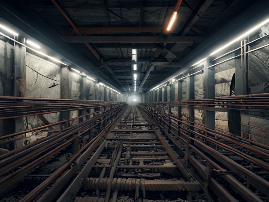 A cinematic, photorealistic 8k image of a massive underground GTX tunnel construction site showing exposed, insufficient steel rebar structures, with dramatic lighting highlighting the structural defects and the tension of public safety, emphasizing a cold and serious industrial atmosphere.