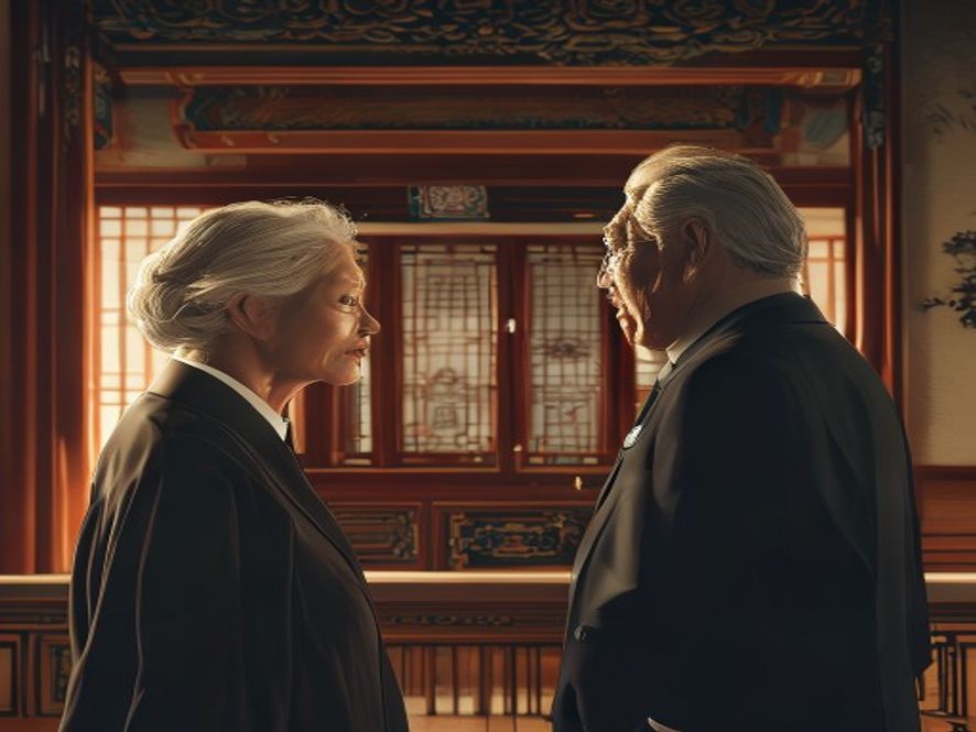 A cinematic, photorealistic 8k portrait of an influential former female political leader meeting with a modern conservative politician in a stately, traditional Korean house, capturing a tense and strategic atmosphere that symbolizes the reawakening of conservative political forces, dramatic lighting, high contrast, elegant and solemn mood.