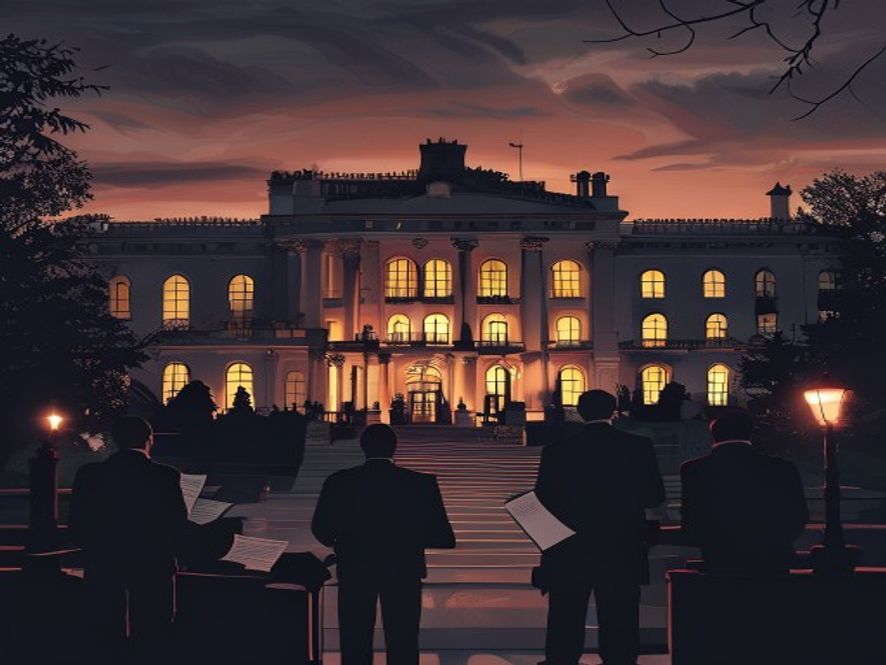 A cinematic, photorealistic 8k image of the heavily guarded presidential residence complex at dusk, featuring silhouettes of investigators with legal documents in the foreground, under dramatic lighting that emphasizes a somber, highstakes atmosphere of political investigation and judicial scrutiny.
