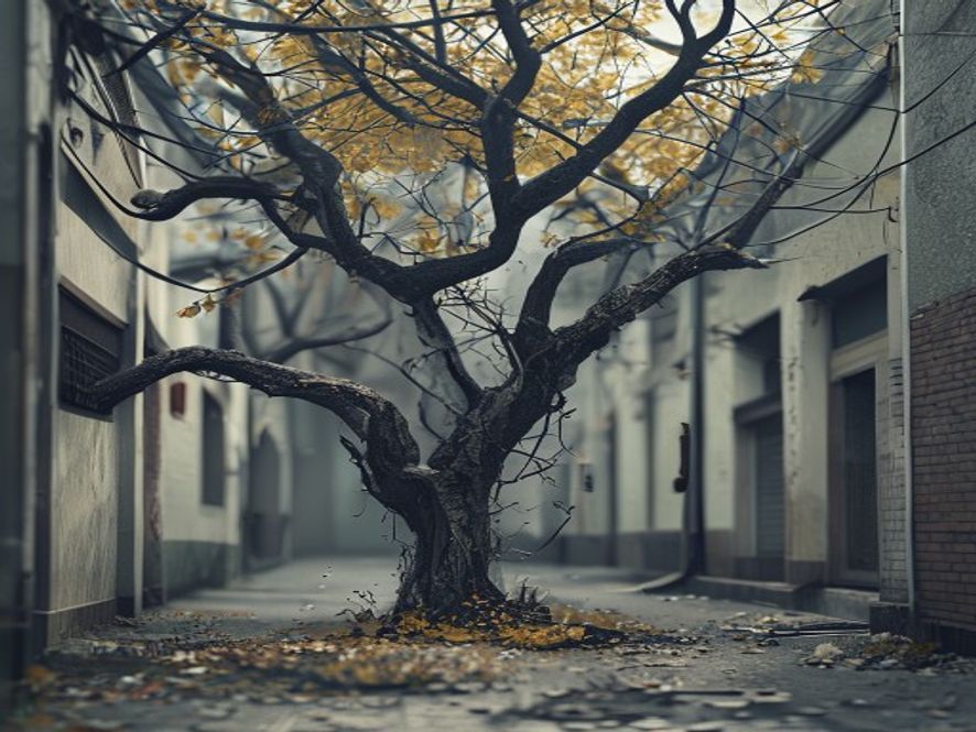 A cinematic, photorealistic 8k closeup shot of a withered, 100yearold ginkgo tree in a quiet Seoul alleyway, with subtle traces of chemical poison at its base, capturing a somber and melancholic atmosphere of lost history and urban destruction.