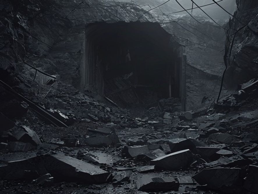 A cinematic and photorealistic 8k image showing a massive, dark, and ominous coal mine entrance in China under a moody, industrial atmosphere, symbolizing the tension between energy production and safety hazards, with dramatic lighting highlighting the wreckage and structural debris, high contrast, documentary style.