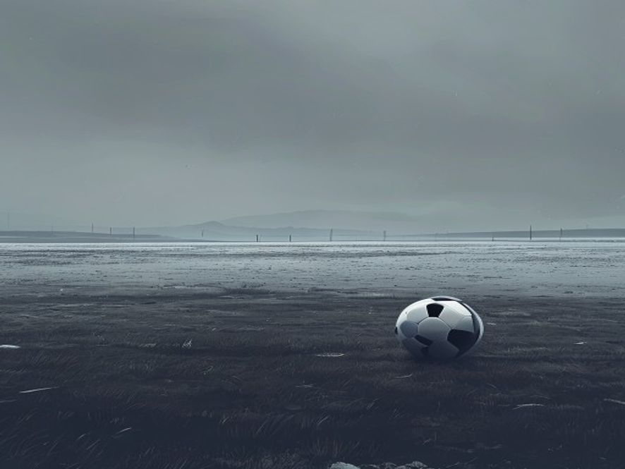 A cinematic, photorealistic 8k image of a cold, foggy winter landscape featuring a lonely soccer ball sitting on a desolate field, with a distant, blurred silhouette of the Korean peninsula border fence under a gloomy grey sky, symbolizing the icy geopolitical reality and the skepticism surrounding political sports diplomacy.