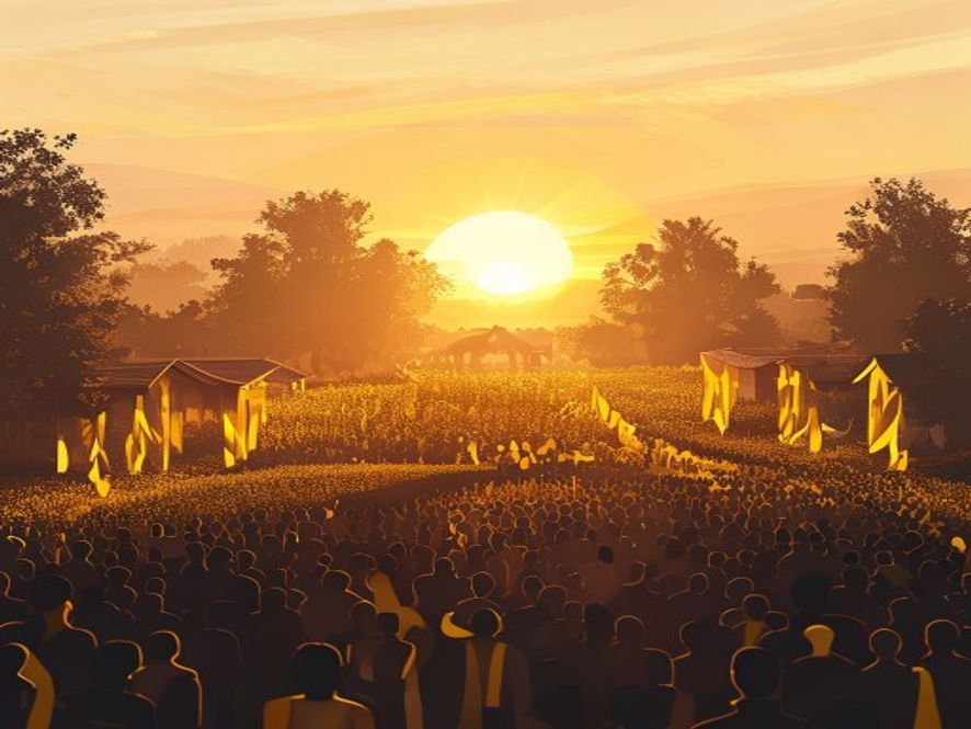 A cinematic and photorealistic 8k wide shot of a peaceful memorial scene at Bongha Village, featuring a crowd of thousands gathering with yellow ribbons under a soft, golden sunset light, capturing a solemn atmosphere of reflection, sincerity, and historical legacy, highly detailed.
