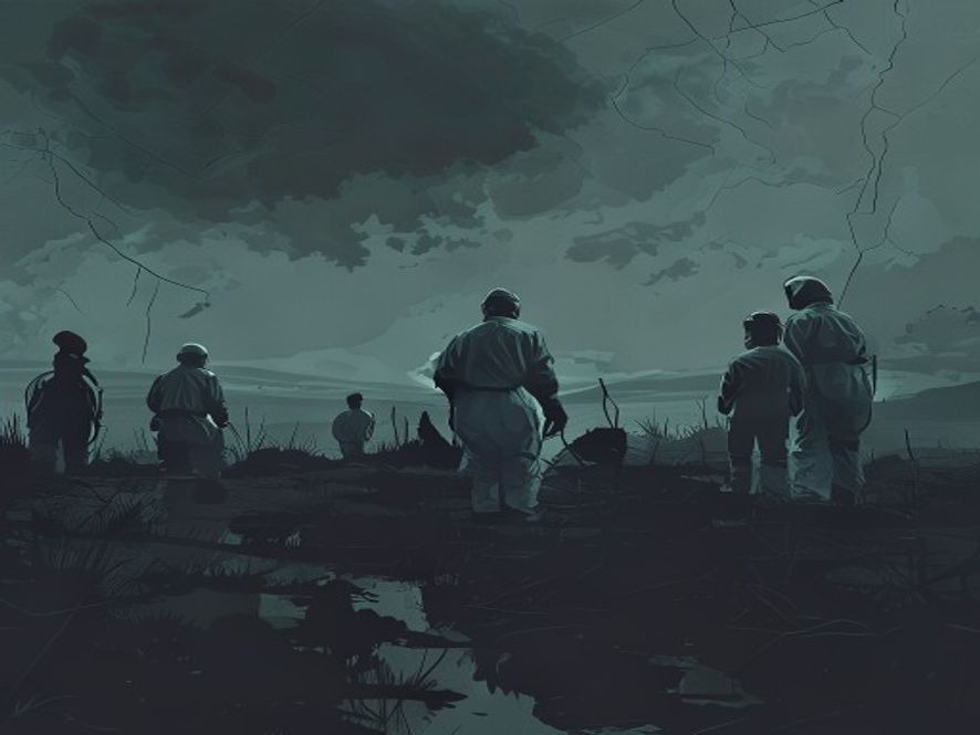 A cinematic, photorealistic 8k image featuring medical personnel in hazmat suits working in a desolate, shadowed landscape under a dim, ominous atmosphere to represent the global threat of the Ebola outbreak.