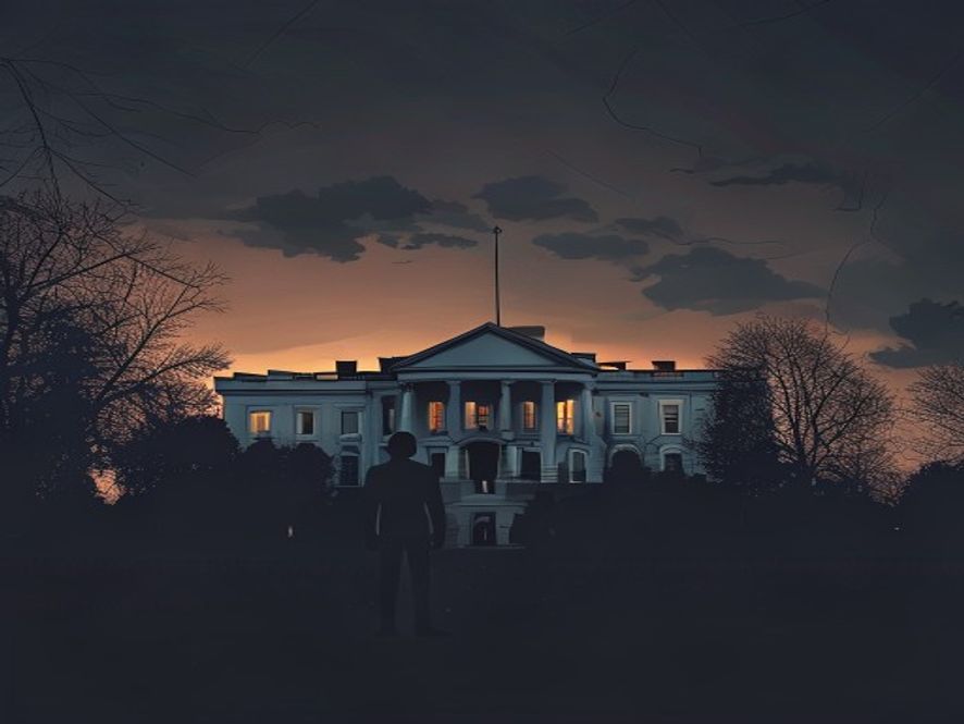 A cinematic, photorealistic 8k image of the iconic White House silhouetted against a tense, moody twilight sky, with a fragmented and lonely silhouette of a young man standing in the foreground, symbolizing psychological isolation and the fragility of modern social security, dramatic lighting, high detail.