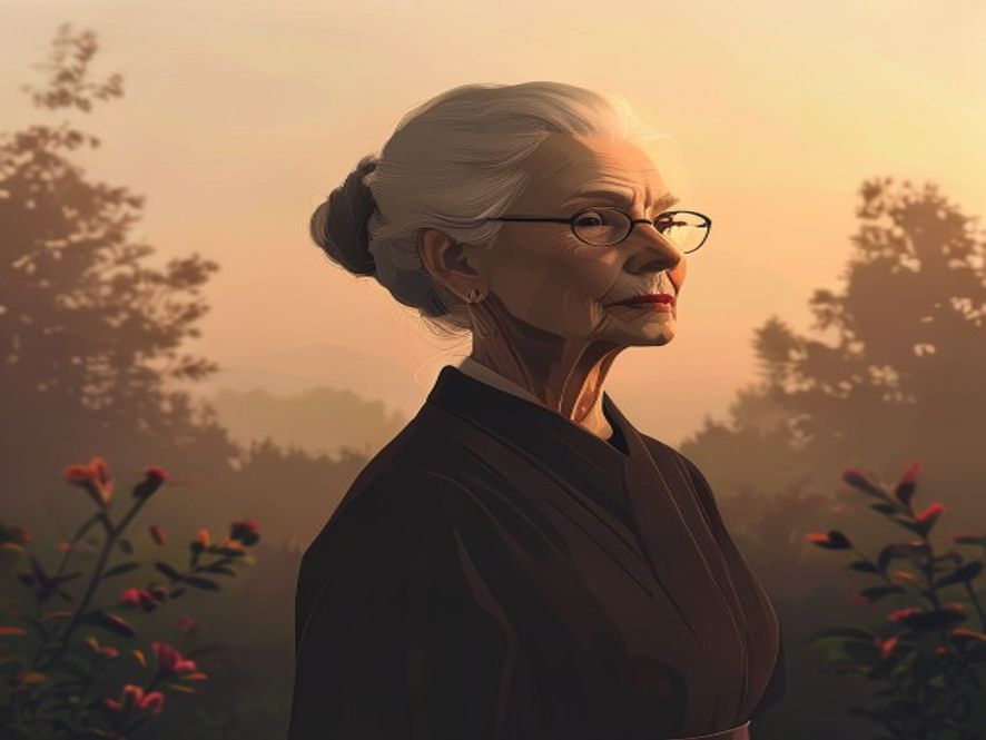 A cinematic and photorealistic portrait of an elegant elderly woman standing gracefully in a serene, historic garden during a misty sunset, symbolizing the quiet legacy and dignity of a life dedicated to political history, captured in 8k resolution with soft, melancholy lighting.
