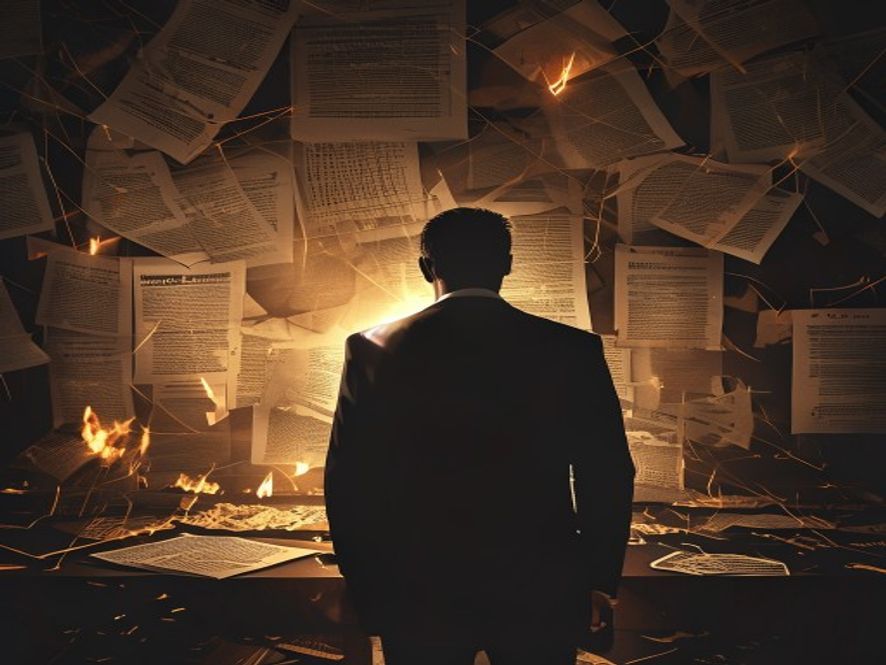 A cinematic, photorealistic 8k image featuring a shadowy, conflicted silhouette of a politician standing before a complex web of blurred financial documents and burning legal papers, symbolizing the tension between public deception and hidden agendas, dramatic lowkey lighting with high contrast, sharp focus on the concept of broken trust and political controversy.
