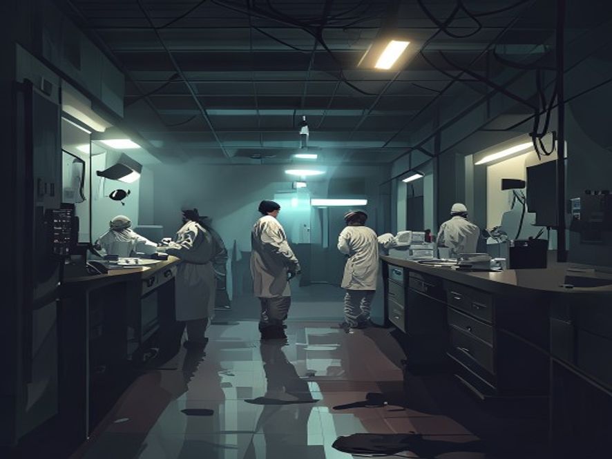 A cinematic and photorealistic 8k image showing a dimly lit, tense medical quarantine zone in Africa with medical professionals in hazmat suits working under emergency lights, capturing the atmosphere of global health crisis and spreading contagion, dramatic shadows, hyperrealistic.