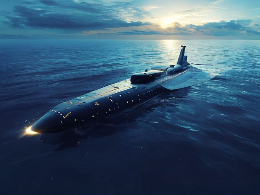 A cinematic, photorealistic 8k image of a stateoftheart South Korean stealth submarine silently gliding through deep blue ocean waters, representing advanced naval technology and global defense innovation, with a subtle golden glow highlighting its sleek hull.