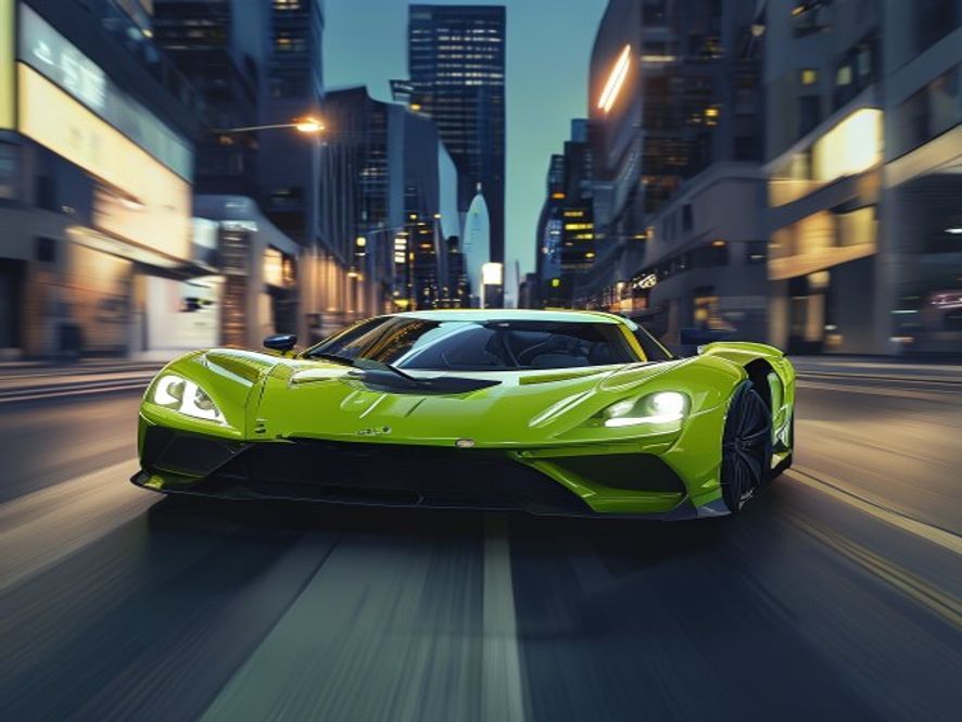 A highend luxury supercar with a distinct limegreen license plate driving through a modern urban city street at dusk, cinematic lighting, photorealistic, 8k, high contrast, capturing a sense of legal scrutiny and corporate investigation.
