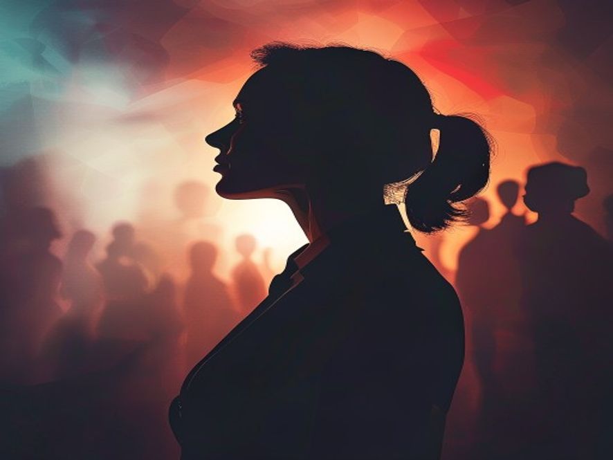A cinematic, photorealistic 8k image featuring a silhouette of a female politician standing amidst a blurred, abstract background of divided opinions and social tension, symbolizing the critical conflict over political language and social sensitivity, dramatic lighting, high contrast.