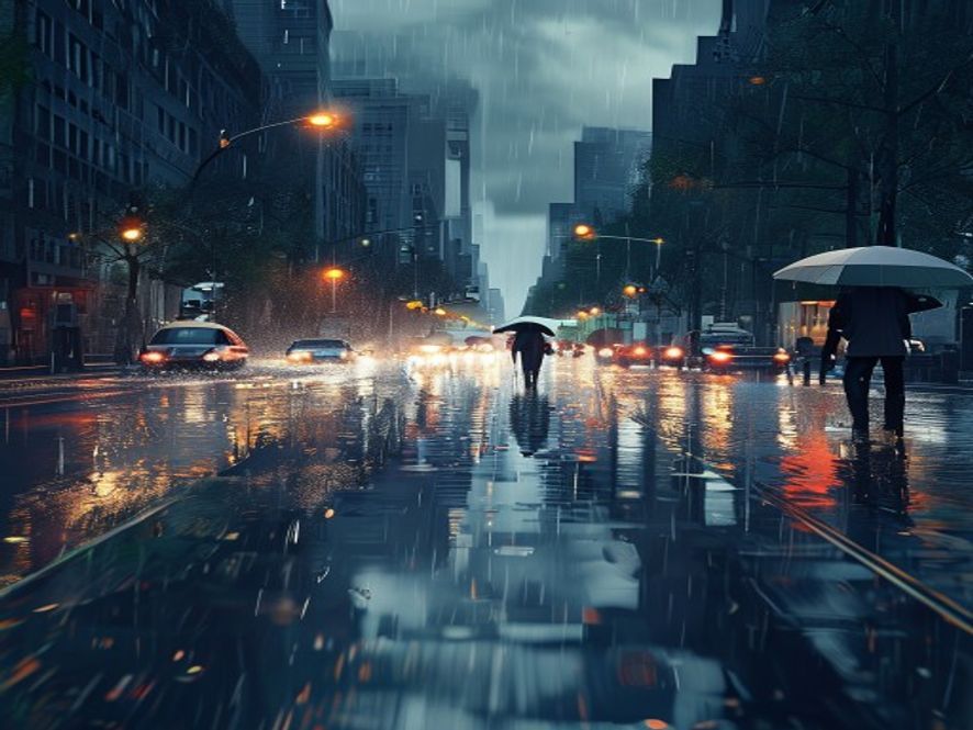 A cinematic and photorealistic 8k image showing a rainy city street during a dark, gloomy morning commute, with intense heavy rain pouring down, flooded roads, blurred traffic lights, and people cautiously walking with umbrellas, dramatic atmosphere, high contrast.