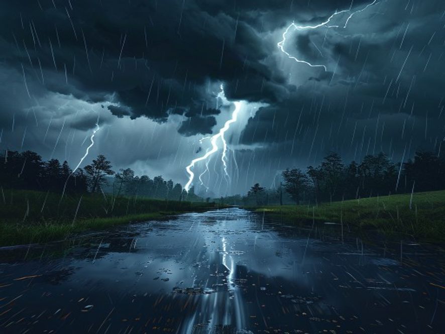 Cinematic, photorealistic 8k image capturing a dramatic landscape under a dark, stormy sky with intense torrential rain pouring down, reflecting the urgent atmosphere of a severe weather warning and the need for disaster preparedness, high detail.