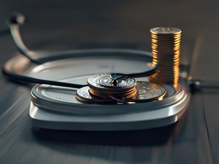 A cinematic and photorealistic closeup of a weight scale balancing a medical stethoscope on one side and a stack of coins on the other, representing the tense negotiation between healthcare quality and medical insurance costs, dramatic lighting, 8k resolution.