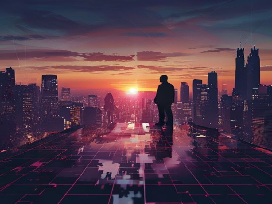 A cinematic and photorealistic 8k image of two silhouettes representing opposing political candidates standing on opposite sides of a complex, glowing digital puzzle board symbolizing an election, with a tense and strategic atmosphere in the backdrop of a modern Ulsan city skyline at twilight.
