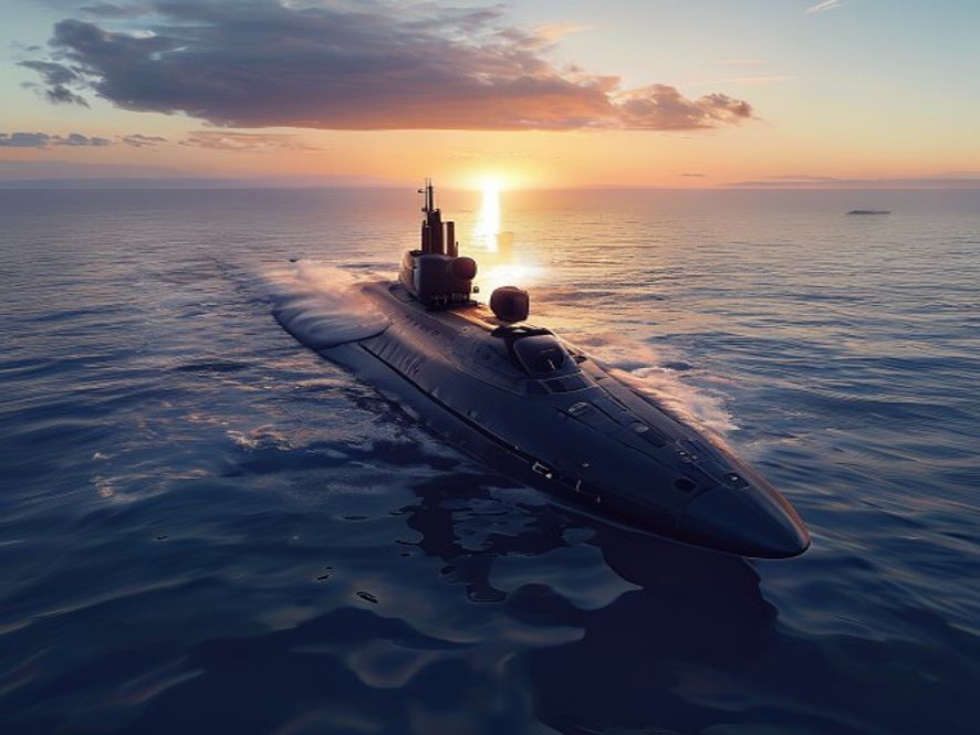 A cinematic, photorealistic 8k image of a futuristic South Korean nuclearpowered submarine stealthily emerging from the deep blue ocean waters during sunset, capturing a powerful and majestic atmosphere of national defense, with soft sunlight reflecting on its sleek hull, detailed naval engineering, wideangle shot, highly professional and imposing.