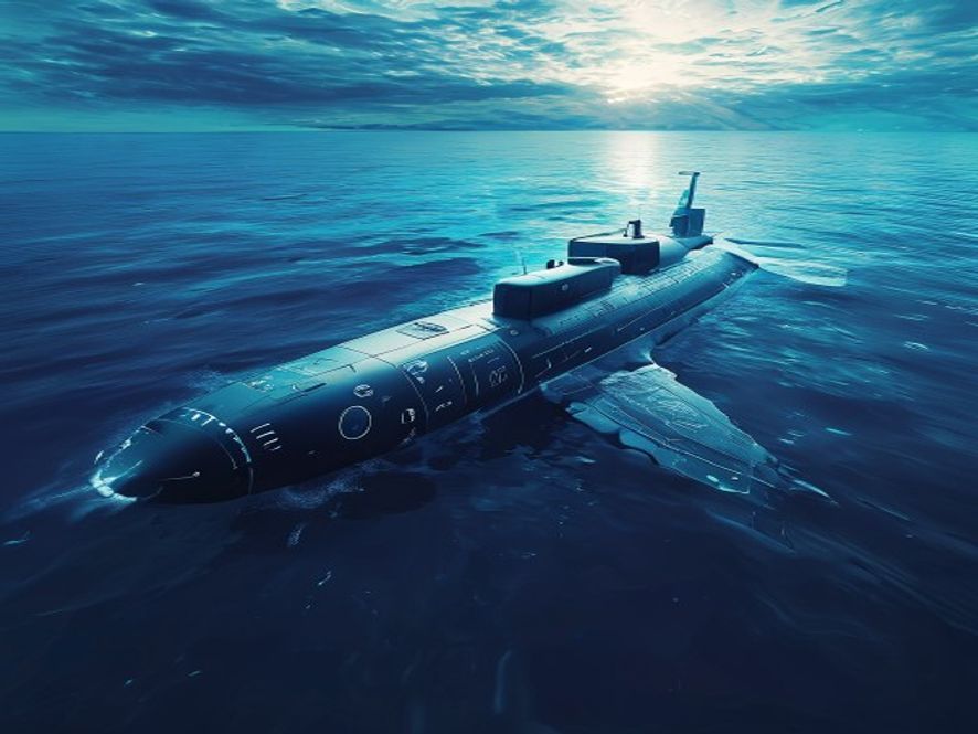 A cinematic, photorealistic 8k image of a futuristic nuclearpowered submarine gliding silently through deep blue ocean waters, bathed in soft light that symbolizes strategic diplomacy and national security, with a subtle holographic blueprint overlay representing the meticulous balance of international trust and technological advancement.
