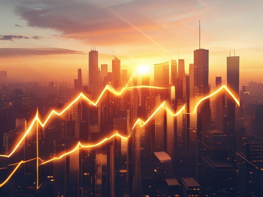 A cinematic and photorealistic 8k image featuring a glowing, ambitious golden upwardtrending graph superimposed over a bustling modern city skyline at sunrise, symbolizing the goal of reaching 40,000 dollars GNI and bold economic growth.