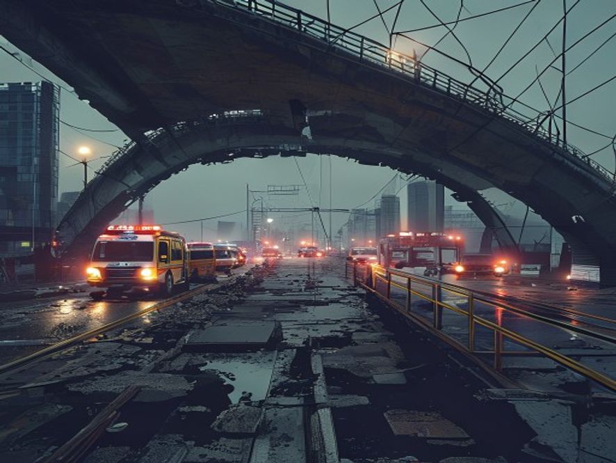 A cinematic and photorealistic 8k image showing a fractured, crumbling urban overpass bridge in Seoul with emergency vehicles and rescue lights in the distance, juxtaposed against a quiet, abandoned campaign stage, emphasizing a somber atmosphere of public safety over political ambition, dramatic lighting, high detail.
