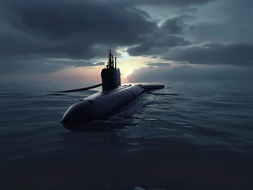 A cinematic, photorealistic 8k image of a sleek, advanced South Korean nuclearpowered submarine surfacing amidst misty dark ocean waters under a dramatic twilight sky, symbolizing strategic military dominance and cuttingedge national defense, with a sharp and imposing silhouette.