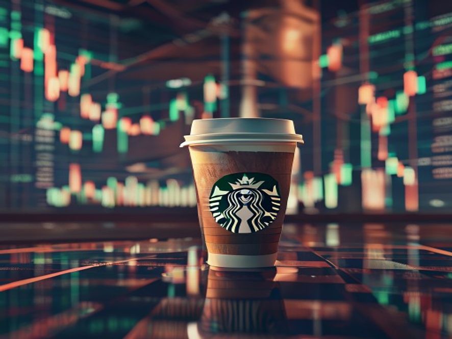A cinematic and photorealistic 8k image featuring a stylized Starbucks coffee cup sitting on a reflective financial table, with a looming, giant chess piece representing institutional investor power casting a sharp shadow over the stock market ticker charts in the background, symbolizing tension and corporate governance intervention.