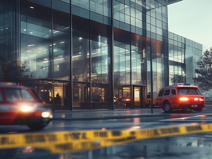 A cinematic, photorealistic 8k image capturing a tense and somber atmosphere outside a modern glassfacade corporate office building in Magok, with blurred emergency vehicles and caution tape in the foreground symbolizing a breach of workplace safety and public anxiety.