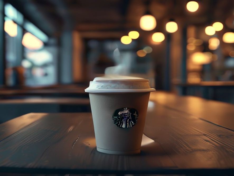 A cinematic, photorealistic 8k image featuring a lone, empty Starbucks coffee cup sitting on a sleek, modern table in a dimly lit cafe, symbolizing a shift in consumer loyalty and market decline with a somber and reflective atmosphere.