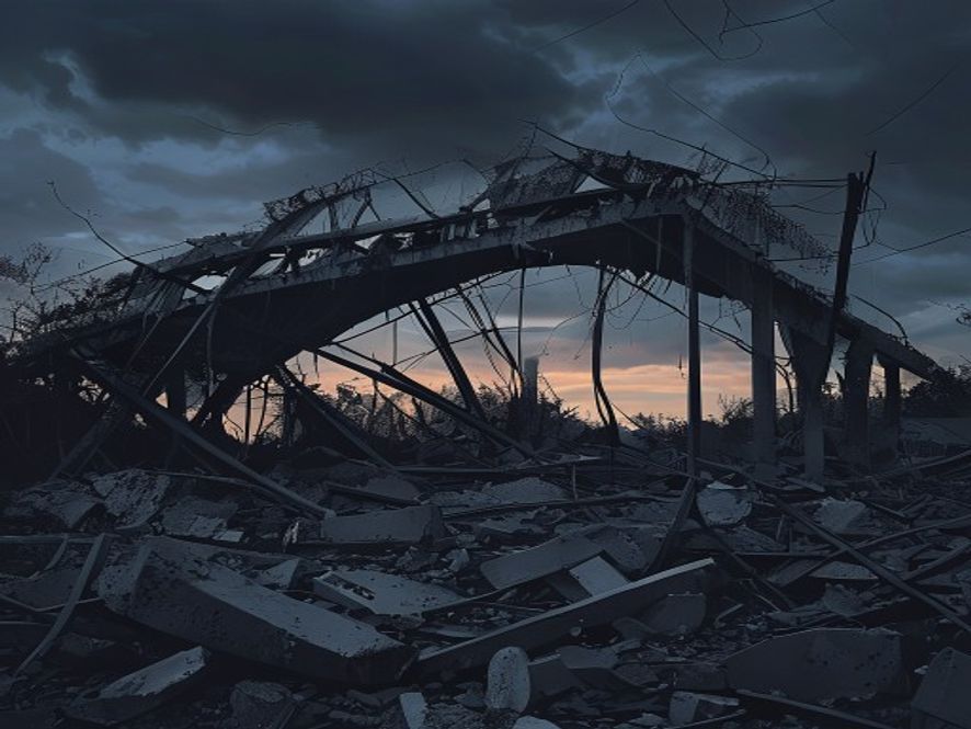 A cinematic, photorealistic 8k image of the collapsed Seosomun overpass ruins at twilight, capturing a somber and tense atmosphere with twisted metal beams and concrete debris under a dramatic, moody sky, highlighting a sense of systemic neglect and urgency.