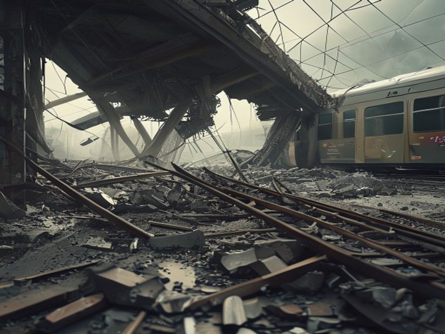 A cinematic, photorealistic 8k image capturing the aftermath of a collapsed structural site at Seosomun, featuring twisted steel beams and debris under a somber, dramatic atmosphere, with a blurred passenger train passing by in the background, symbolizing the failure of safety systems and the critical loss of the 12hour golden time.