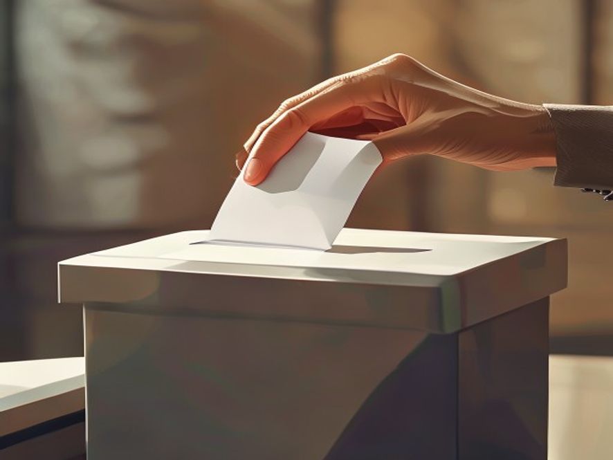 A cinematic and photorealistic 8k closeup shot of a hand confidently placing a ballot paper into a sleek, modern ballot box, symbolizing democratic participation and civic duty in a bright and hopeful atmosphere.