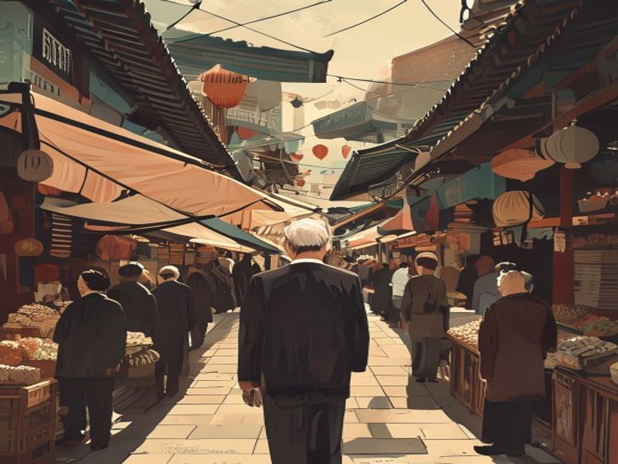 A cinematic, photorealistic 8k image showing a South Korean president walking through a bustling, vibrant traditional market filled with local vendors and citizens, capturing a tense atmosphere of political scrutiny with a dualtone aesthetic that reflects both public connection and political controversy.
