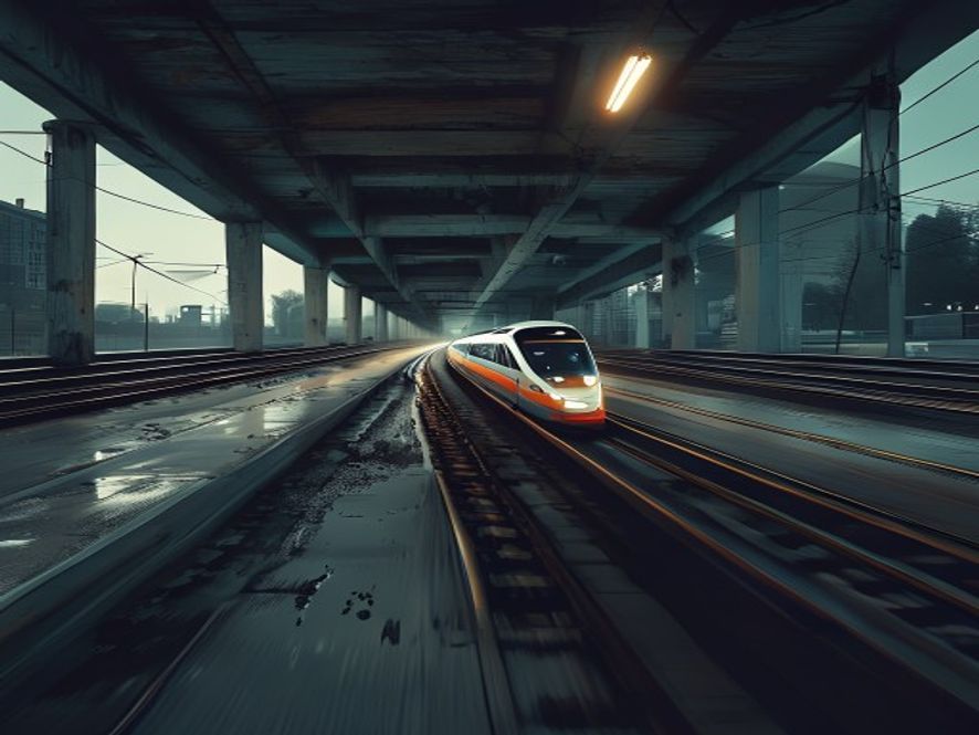 A cinematic, photorealistic 8k image showing a dimly lit, weathered urban overpass with a visible structural crack, featuring a highspeed commuter train passing underneath, capturing a tense and ominous atmosphere of systemic neglect and urban infrastructure crisis.