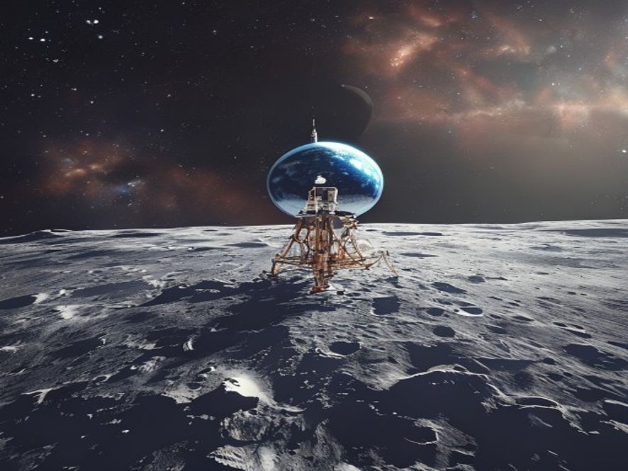 A cinematic, photorealistic 8k image of the Earth rising above the rugged, lunar surface, captured by a futuristic advanced space probe, symbolizing the dawn of a new era of deep space exploration and scientific innovation, with a vast, aweinspiring cosmic background.