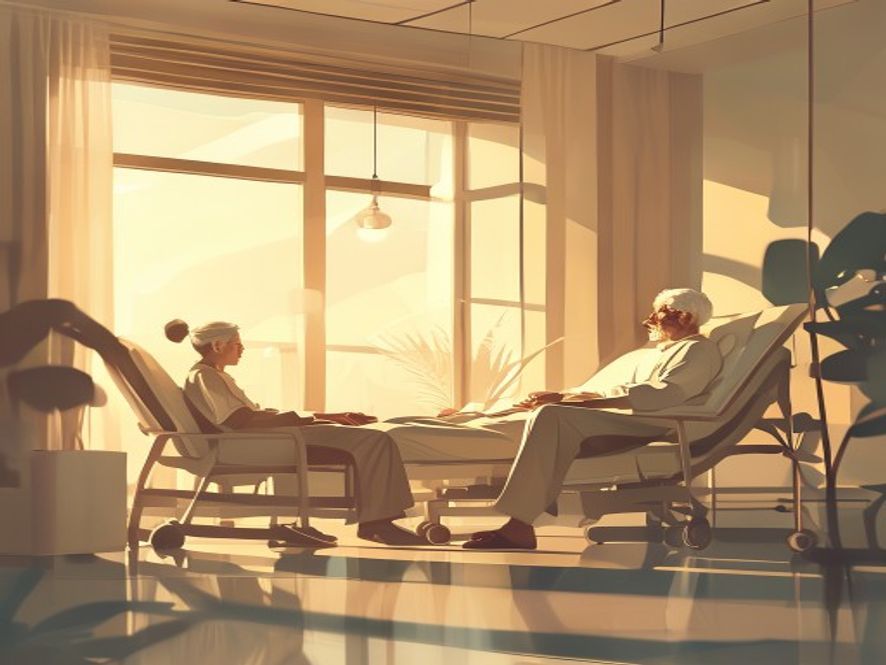 A heartwarming and cinematic photorealistic shot of an elderly patient resting comfortably in a sunlit, modern hospital room, accompanied by their family member sitting by their side, capturing a peaceful atmosphere of care and emotional support, 8k resolution.