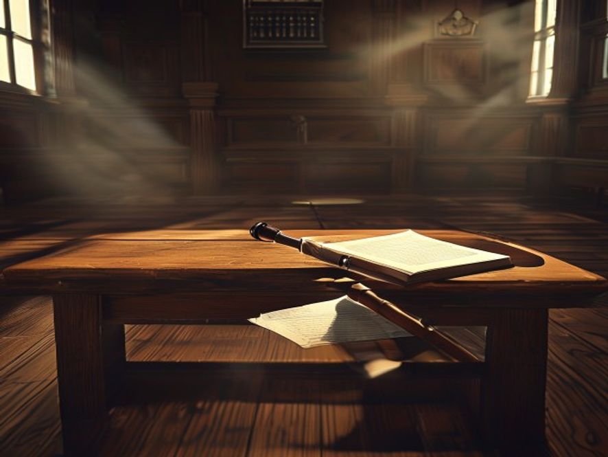 Cinematic and photorealistic 8k image of an empty wooden courtroom bench with a single discarded legal file and a gavel resting on a desk, symbolizing legal negligence and the weight of lost justice, dramatic moody lighting with long shadows, solemn and heavy atmosphere.