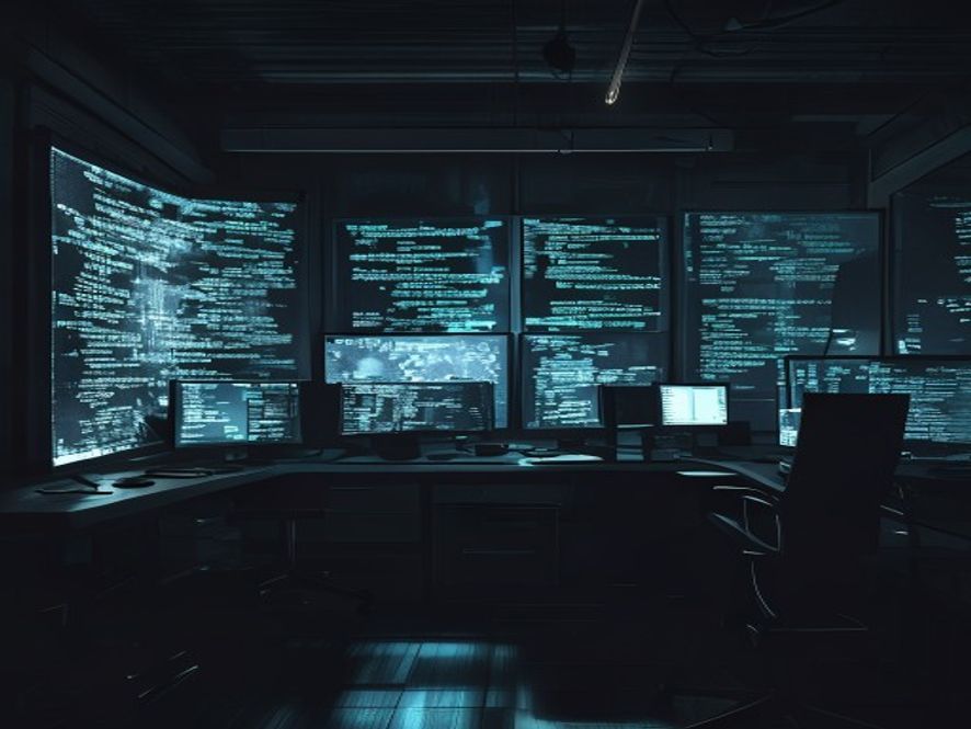 A cinematic, photorealistic 8k image showing a dimly lit, hightech workspace with multiple screens displaying fragmented, distorted shadows of digital binary code and blurred, unsettling silhouettes, capturing a somber and tense atmosphere of cybercrime investigation, deep focus, dramatic shadows.