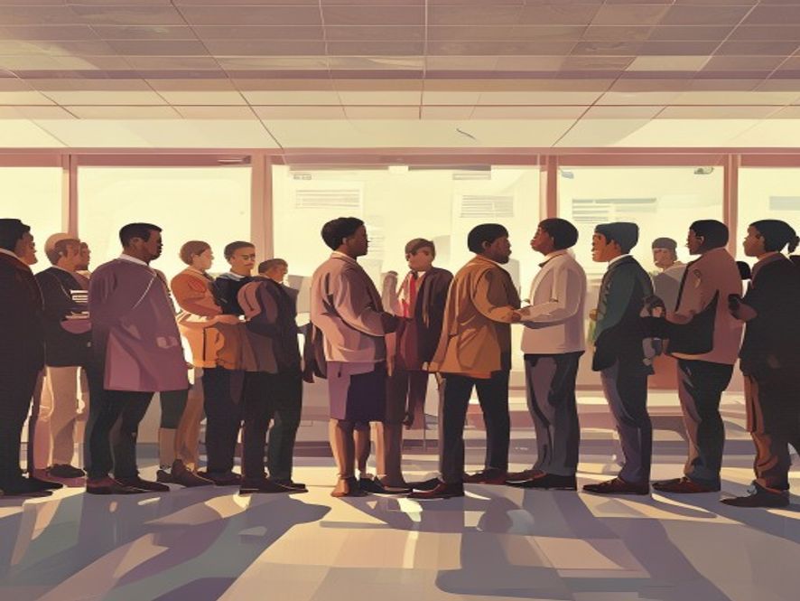 A cinematic, photorealistic 8k image of a diverse group of citizens standing in a queue to cast their ballots at a local polling station, capturing a serious and democratic atmosphere with a focus on the meaningful act of voting for the future of their community.