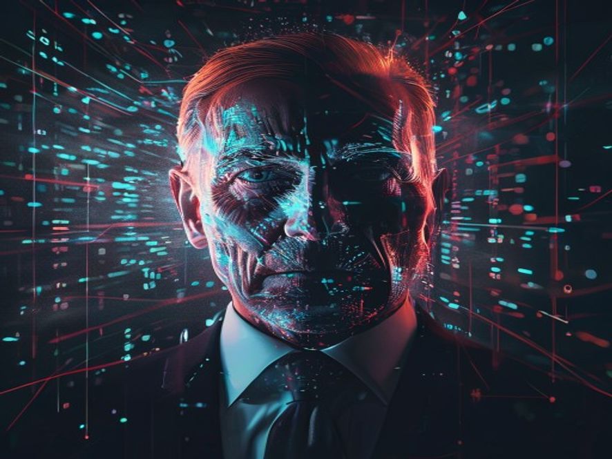 A cinematic and photorealistic 8k image of a glowing, distorted digital portrait of a politician flickering on a dark screen, surrounded by holographic binary code fragments and fragmented neural network patterns, symbolizing the tension and uncertainty of democratic integrity in the age of deepfake manipulation.