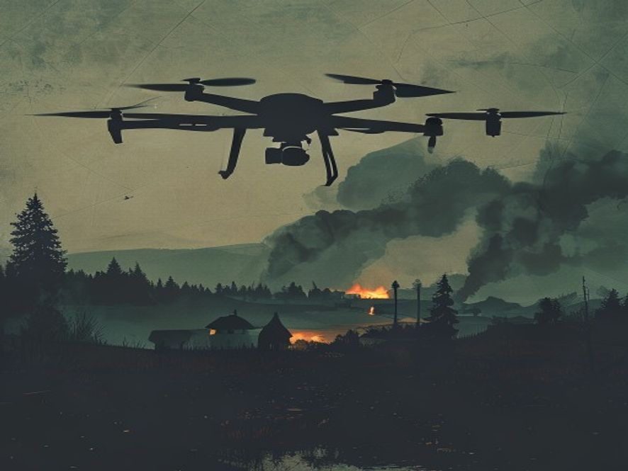 Cinematic, photorealistic 8k image of a tense geopolitical atmosphere featuring a shadowy silhouette of a military drone hovering above a dark, burning border landscape in Romania, with a coldtoned NATO map overlay and subtle smoke rising from a distant village, captured in a dramatic and foreboding documentary style.